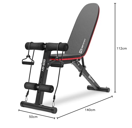 Hop-Sport Hantelbank, Klappbare Trainingsbank mit Beinfixierung, 6-fach Verstellbare Rückenlehne, Inkl. Expanderseile, Fitnessgeräte für Zuhause, 220 kg Max. Belastbarkeit
