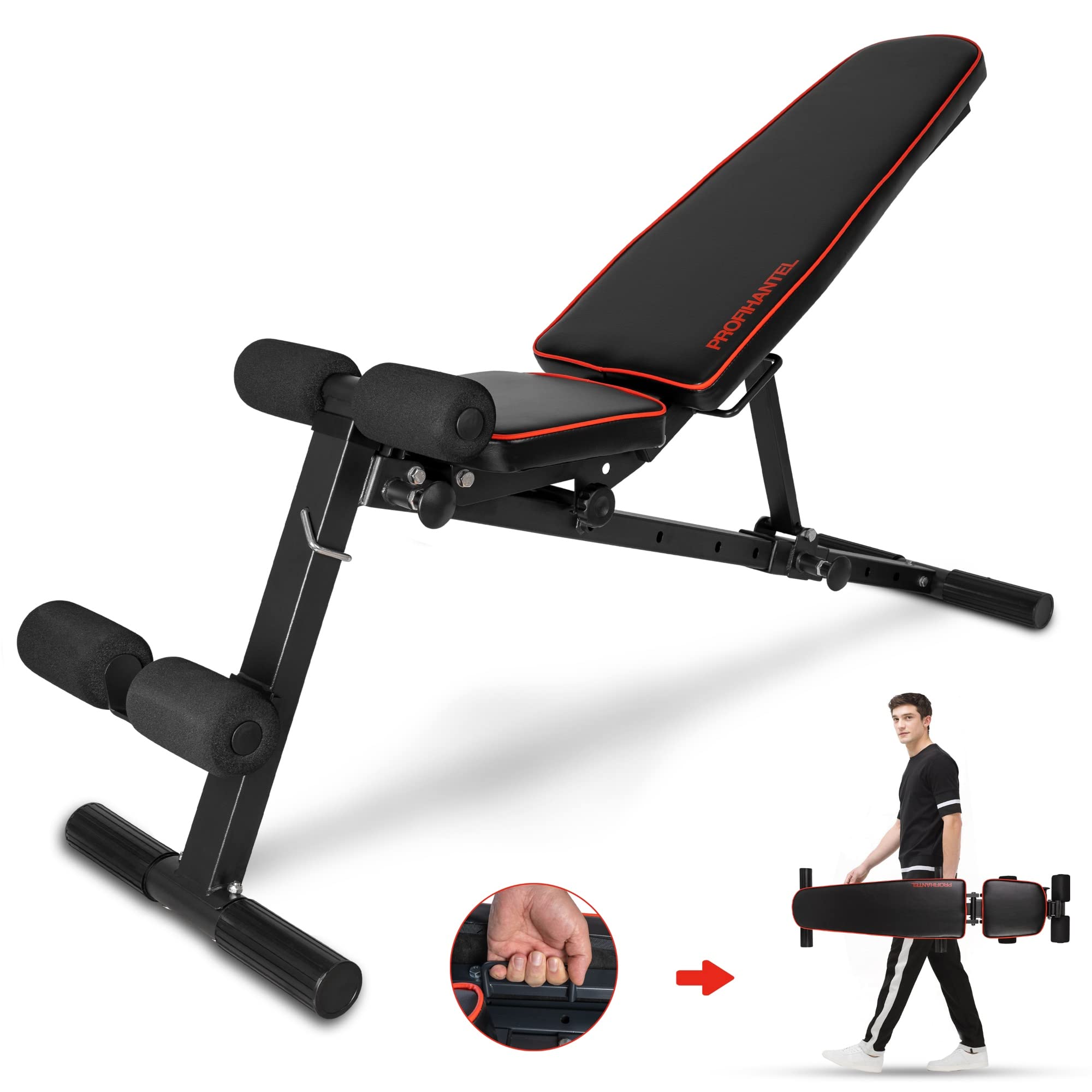 MULTIFUNKTIONSTALENT! Profihantel Klappbare 3 in 1 Studio Hantelbank, NEU - Sitz 2-fach verstellbar, Intelligentes Klappsystem, kein Aufbauen notwendig, Pin- gesichertes Verstellsystem, inklusive dem neuen 24-seitigen Trainingsratgeber mit 33 Übungsbeispi