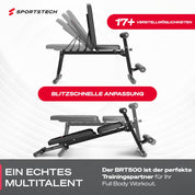 Sportstech BRT500 Hantelbank für Zuhause, 17-fach verstellbar, Schräg- und Flachbank, mit Beincurler, klappbar, Liegestützgriffe, 300 kg belastbar, Ganzkörper-Workout, Multifunktions Fitnessbank