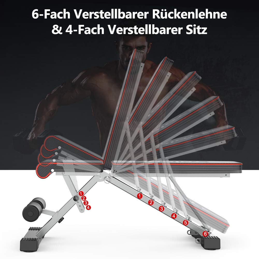 YOLEO klappbare Hantelbank Multifunktion Training Fitness Bank Bauchtrainer Schrägbank mit 6-Fach Verstellbarer Rückenlehne/3-Fach verstellbarer Sitzkissen,Belastung 300kg (Elegantes Schwarz-Rot)