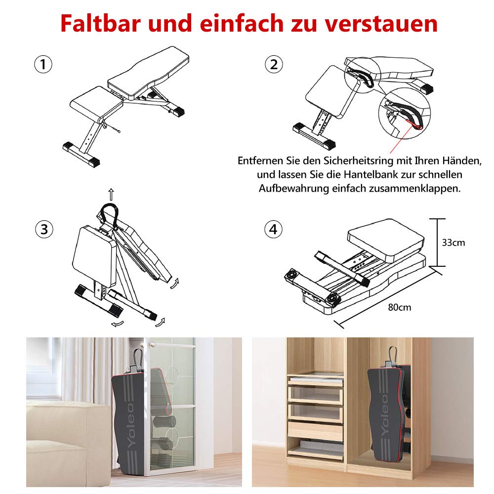 YOLEO klappbare Hantelbank Multifunktion Training Fitness Bank Bauchtrainer Schrägbank mit 6-Fach Verstellbarer Rückenlehne/3-Fach verstellbarer Sitzkissen,Belastung 300kg (Elegantes Schwarz-Rot)