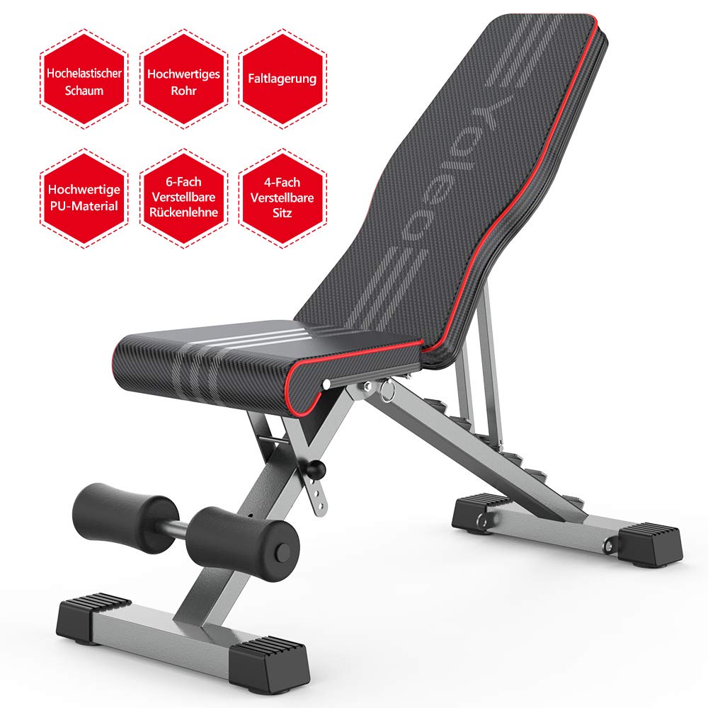YOLEO klappbare Hantelbank Multifunktion Training Fitness Bank Bauchtrainer Schrägbank mit 6-Fach Verstellbarer Rückenlehne/3-Fach verstellbarer Sitzkissen,Belastung 300kg (Elegantes Schwarz-Rot)