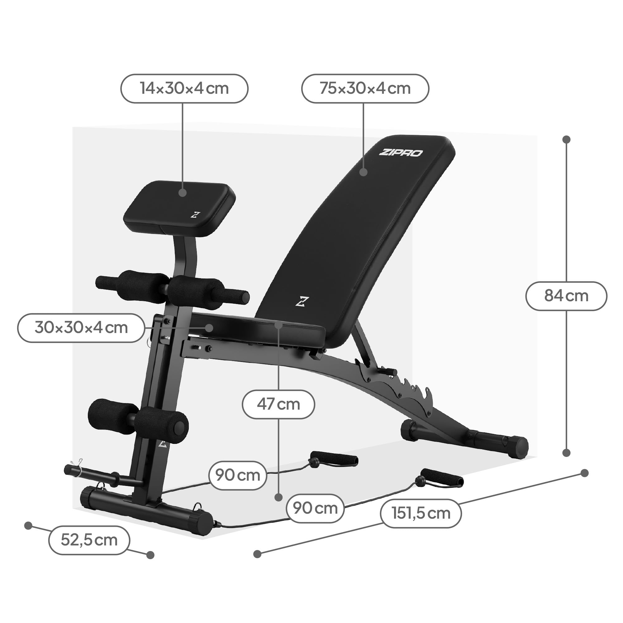 Zipro Hantelbank Volume, Fitnessbank mit 6-Fach verstellbare Rückenlehne und 2-Fach verstellbaren Curlpult, Fitnessgeräte für Zuhause inkl. 2 Seilen, Multifunktion Sit up bank, 230kg