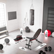 Hop-Sport Hantelbank, Klappbare Trainingsbank mit Beinfixierung, 6-fach Verstellbare Rückenlehne, Inkl. Expanderseile, Fitnessgeräte für Zuhause, 220 kg Max. Belastbarkeit