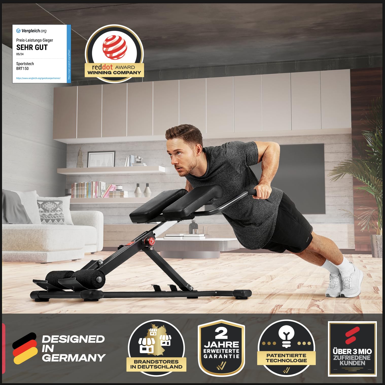 Sportstech 6in1 Bauch- und Rückentrainer für zuhause, Multifunktion Hantelbank verstellbar, training bench press bank, Deutsche Qualitätsmarke, Bauch Beine Po Sit Up bank für Home (BRT150 schwarz)