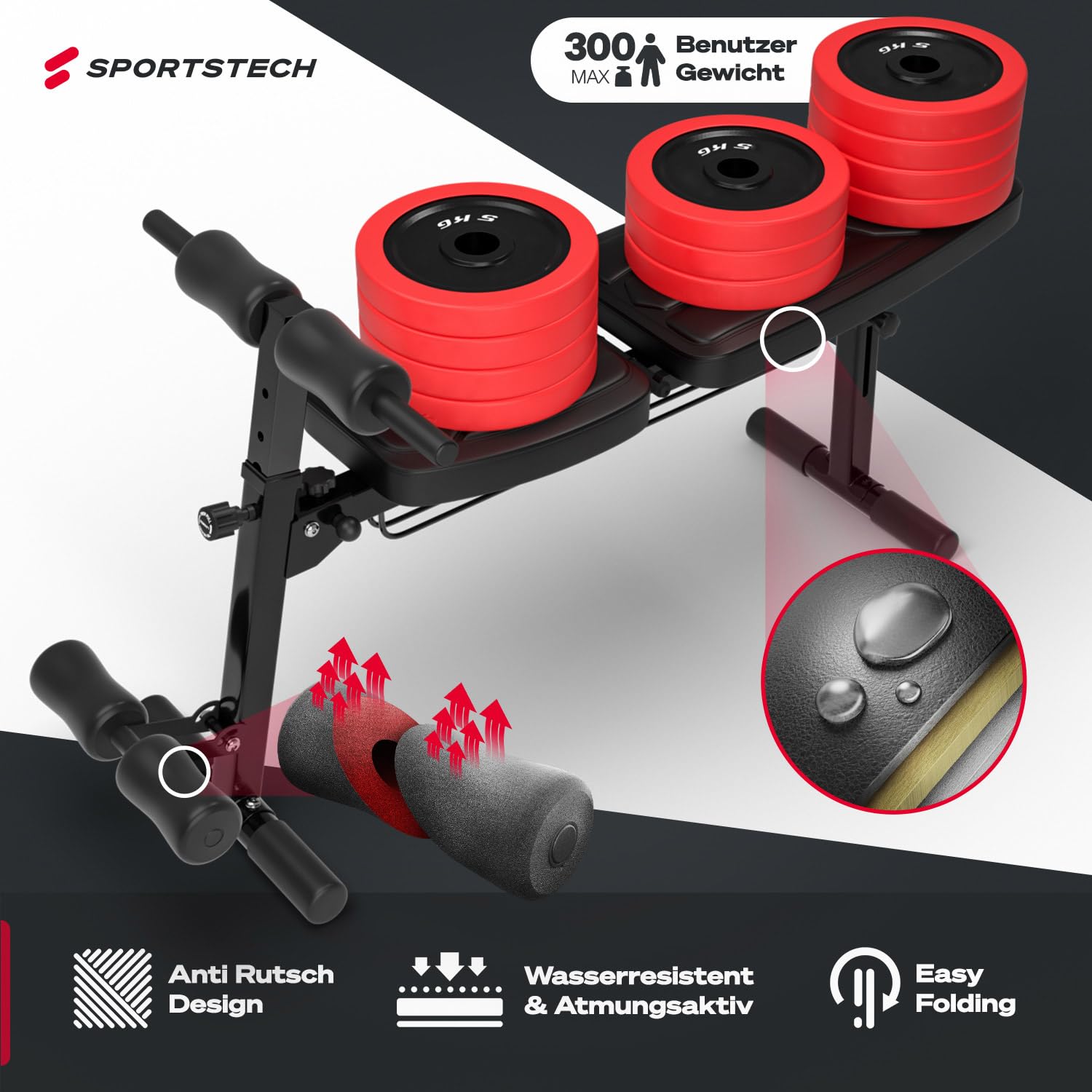 Sportstech BRT500 Hantelbank für Zuhause, 17-fach verstellbar, Schräg- und Flachbank, mit Beincurler, klappbar, Liegestützgriffe, 300 kg belastbar, Ganzkörper-Workout, Multifunktions Fitnessbank