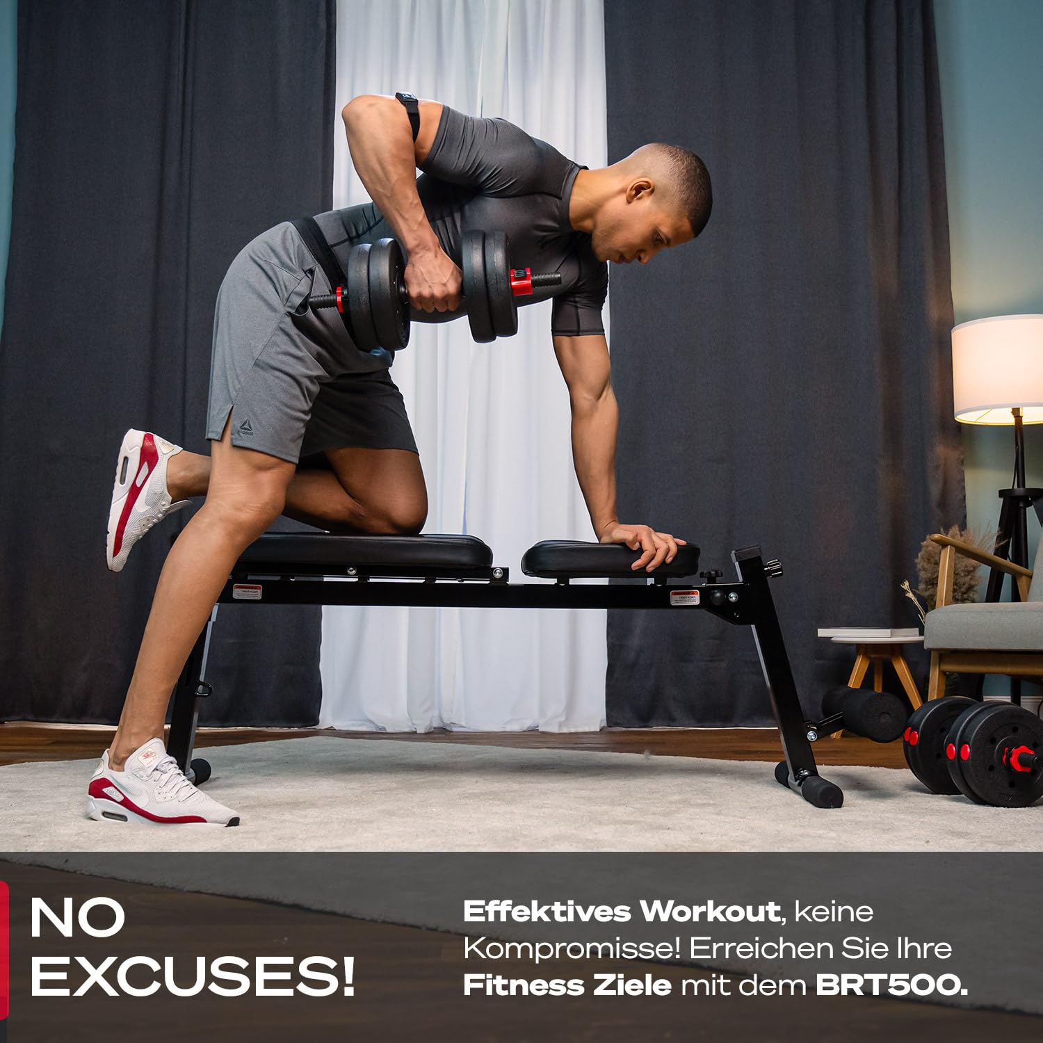 Sportstech BRT500 Hantelbank für Zuhause, 17-fach verstellbar, Schräg- und Flachbank, mit Beincurler, klappbar, Liegestützgriffe, 300 kg belastbar, Ganzkörper-Workout, Multifunktions Fitnessbank