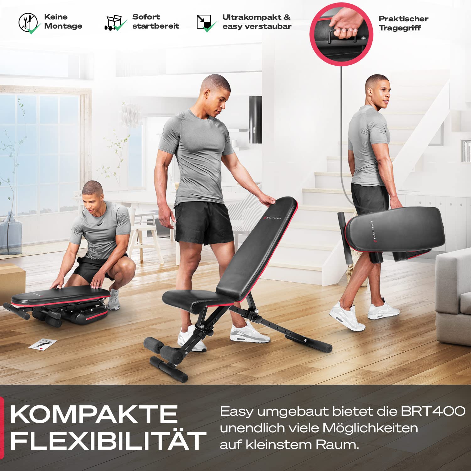 Sportstech Hantelbank Klappbar für Zuhause, 40in1 Schrägbank & Flachbank mit Bankdrücken, Rückentrainer, bench press, Deutsche Qualitätsmarke, sicheres Verstellsystem, BRT400