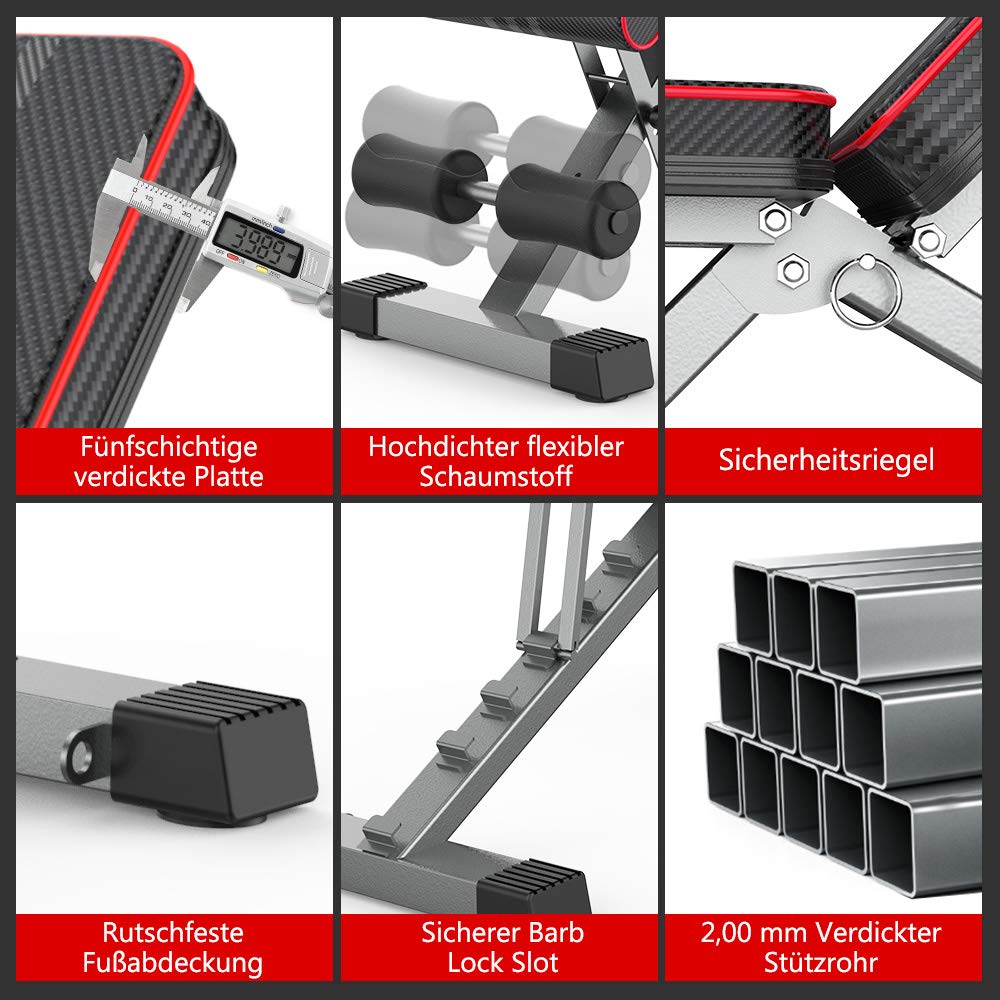 YOLEO klappbare Hantelbank Multifunktion Training Fitness Bank Bauchtrainer Schrägbank mit 6-Fach Verstellbarer Rückenlehne/3-Fach verstellbarer Sitzkissen,Belastung 300kg (Elegantes Schwarz-Rot)