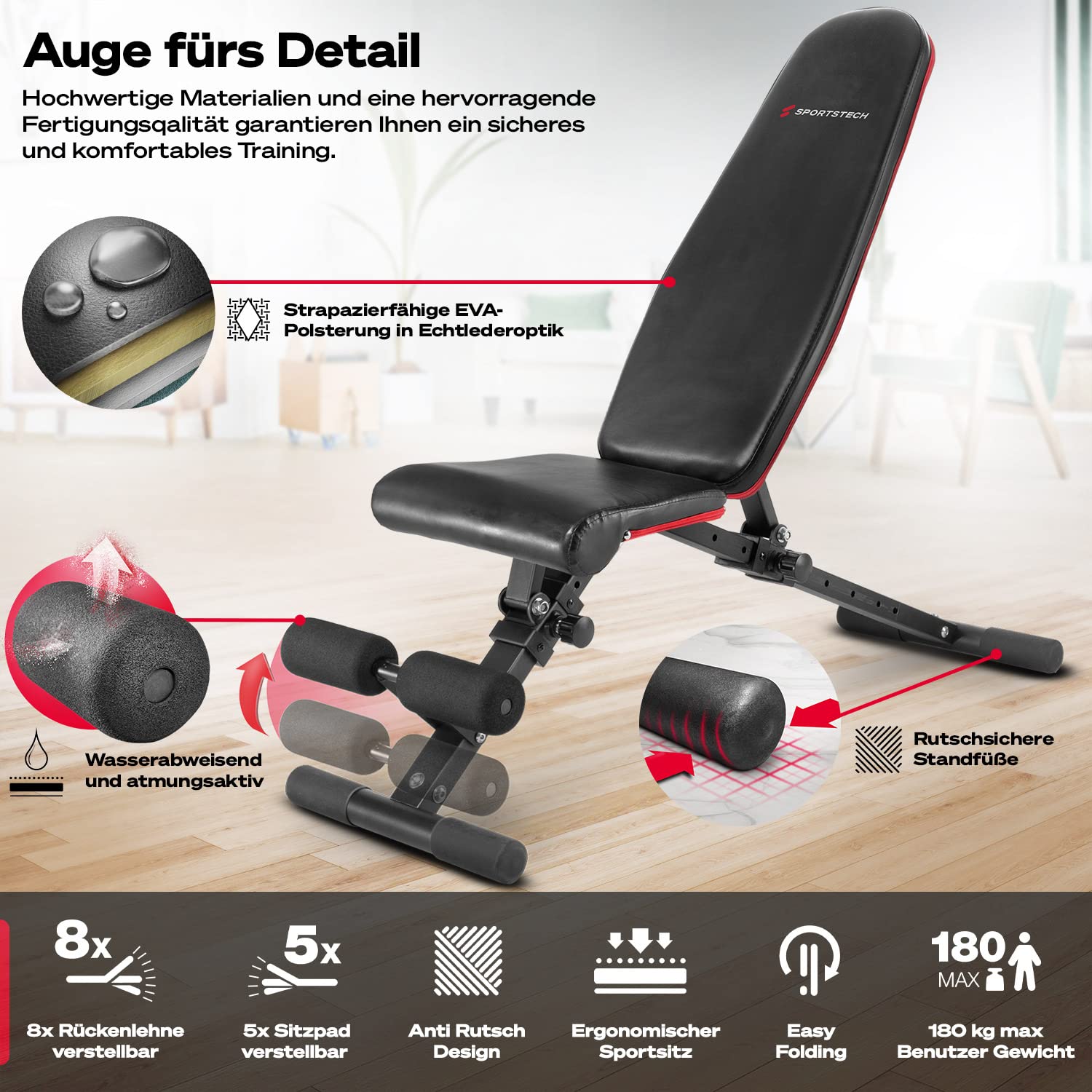 Sportstech Hantelbank Klappbar für Zuhause, 40in1 Schrägbank & Flachbank mit Bankdrücken, Rückentrainer, bench press, Deutsche Qualitätsmarke, sicheres Verstellsystem, BRT400