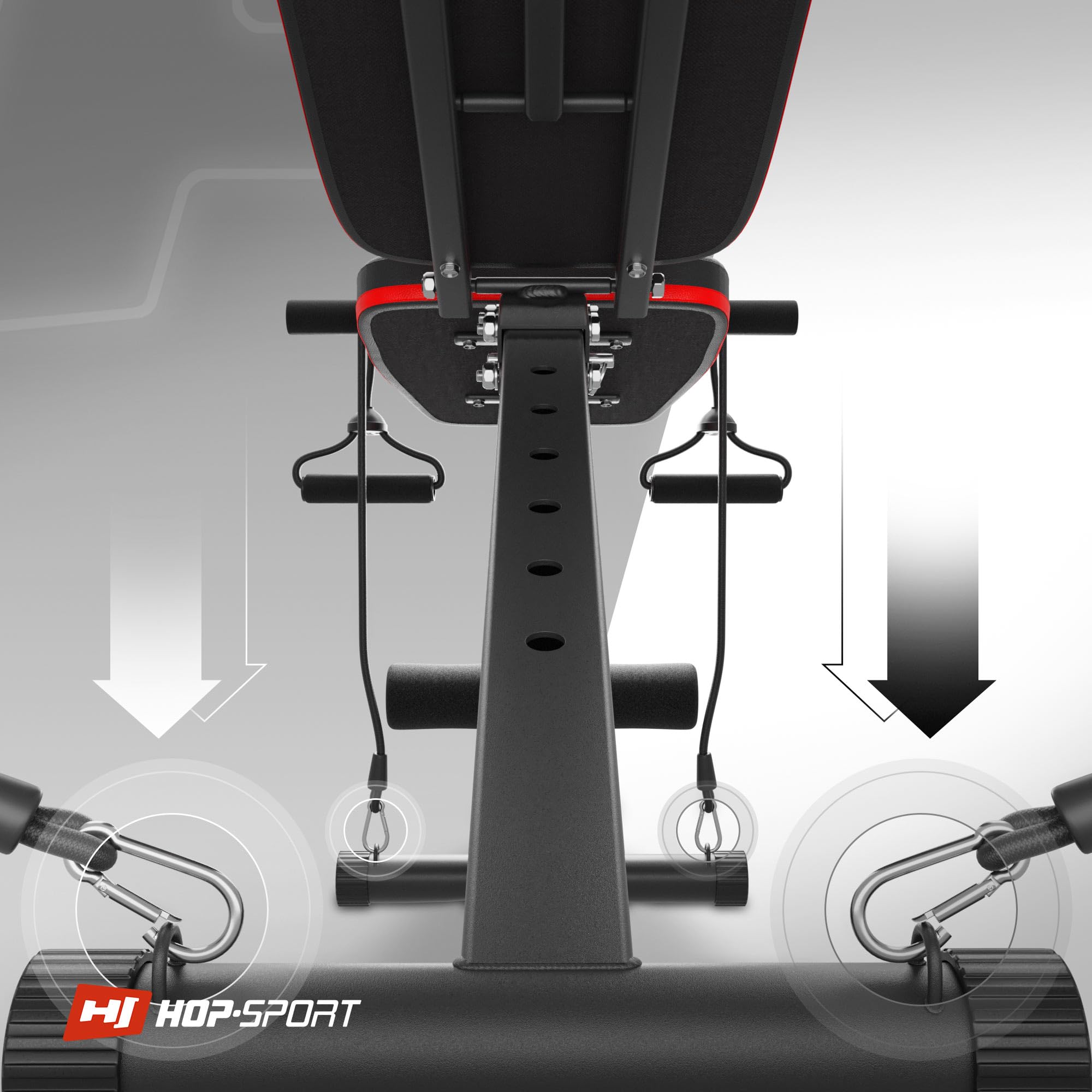 Hop-Sport Hantelbank, Klappbare Trainingsbank mit Beinfixierung, 6-fach Verstellbare Rückenlehne, Inkl. Expanderseile, Fitnessgeräte für Zuhause, 220 kg Max. Belastbarkeit