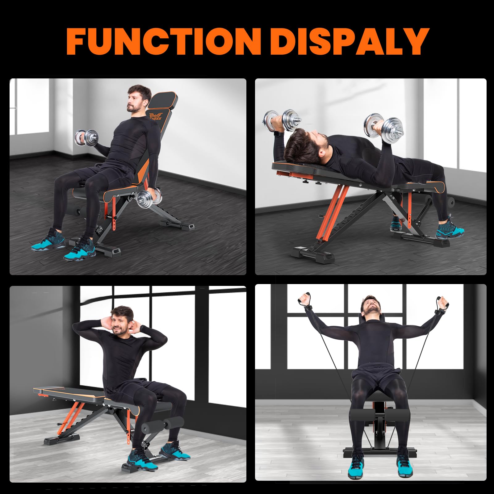 Dskeuzeew Hantelbank Klappbar Verstellbare Multifunktions Trainingsbank Schrägbank mit 8-Fach Verstellbarer Rückenlehne und Widerstandsband/4-Fach verstellbarer Belastung 400kg