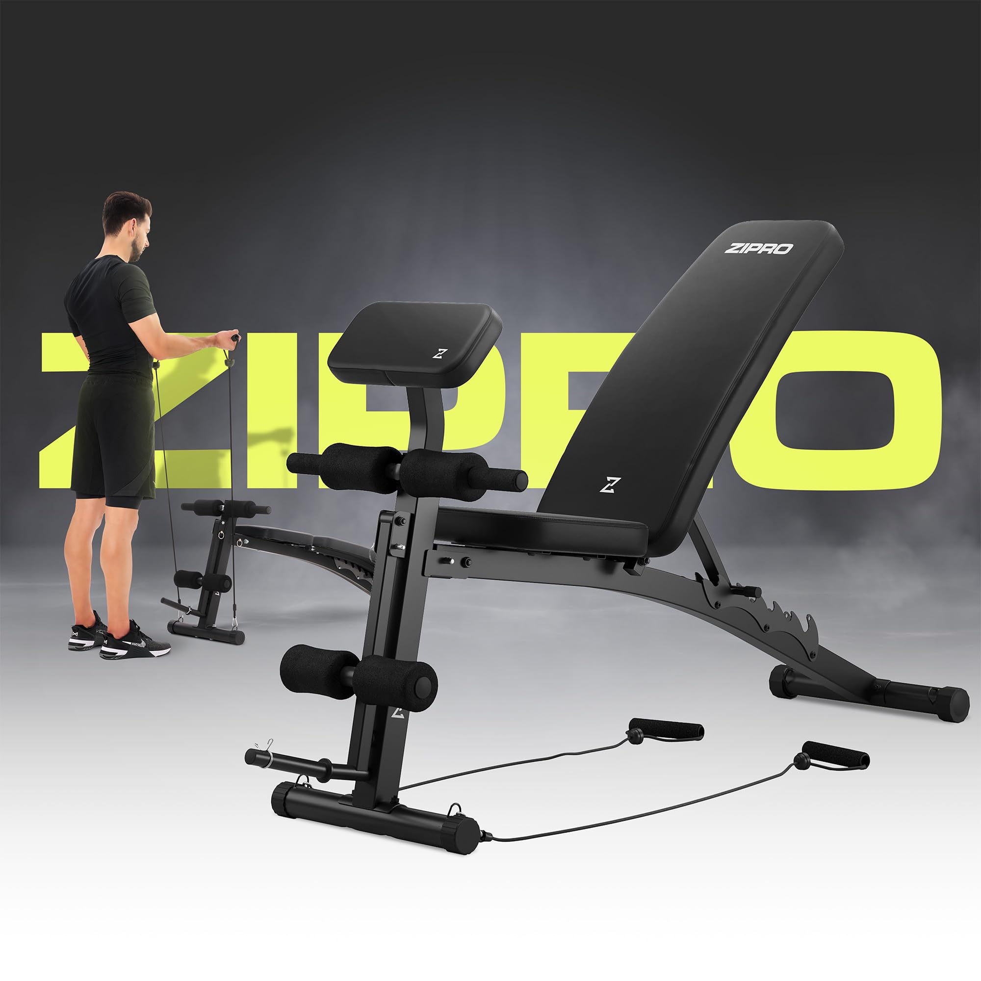 Zipro Hantelbank Volume, Fitnessbank mit 6-Fach verstellbare Rückenlehne und 2-Fach verstellbaren Curlpult, Fitnessgeräte für Zuhause inkl. 2 Seilen, Multifunktion Sit up bank, 230kg