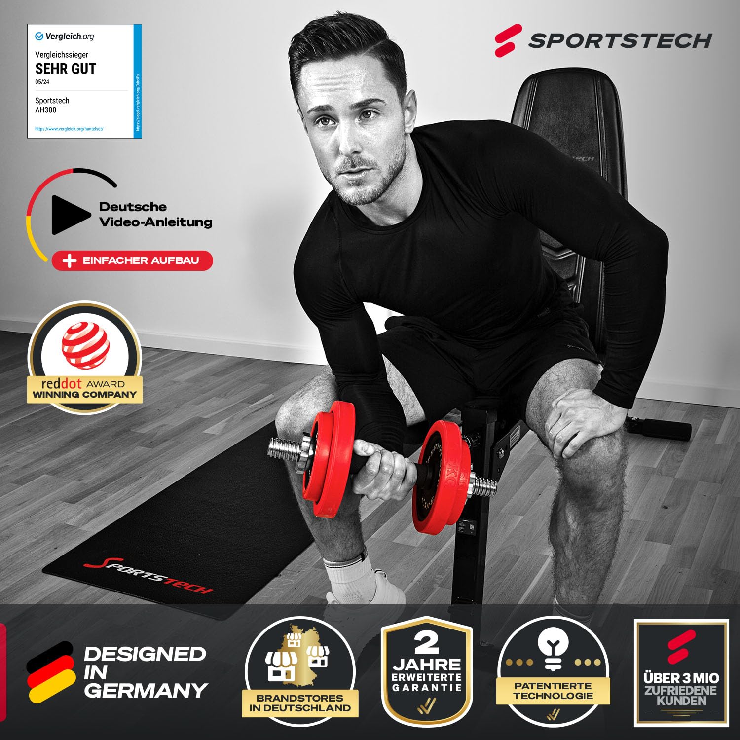 Sportstech BRT500 Hantelbank für Zuhause, 17-fach verstellbar, Schräg- und Flachbank, mit Beincurler, klappbar, Liegestützgriffe, 300 kg belastbar, Ganzkörper-Workout, Multifunktions Fitnessbank