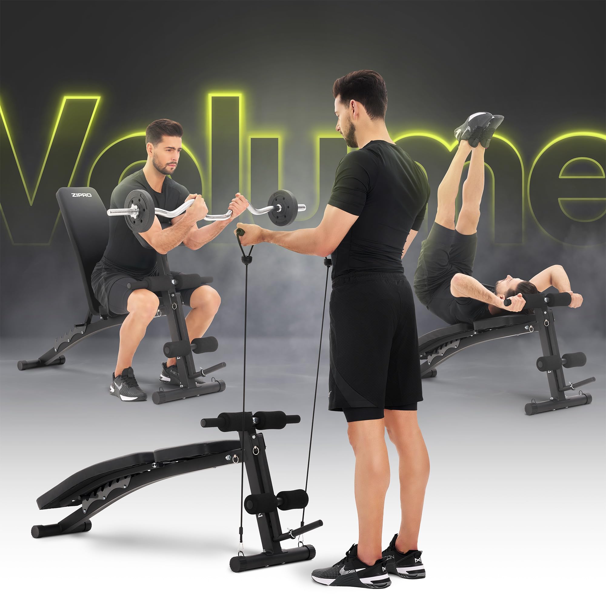 Zipro Hantelbank Volume, Fitnessbank mit 6-Fach verstellbare Rückenlehne und 2-Fach verstellbaren Curlpult, Fitnessgeräte für Zuhause inkl. 2 Seilen, Multifunktion Sit up bank, 230kg