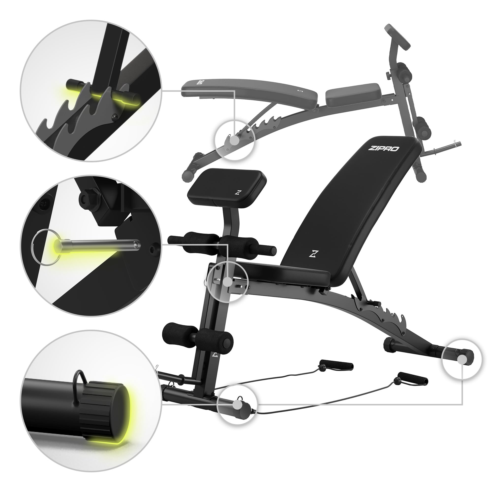 Zipro Hantelbank Volume, Fitnessbank mit 6-Fach verstellbare Rückenlehne und 2-Fach verstellbaren Curlpult, Fitnessgeräte für Zuhause inkl. 2 Seilen, Multifunktion Sit up bank, 230kg