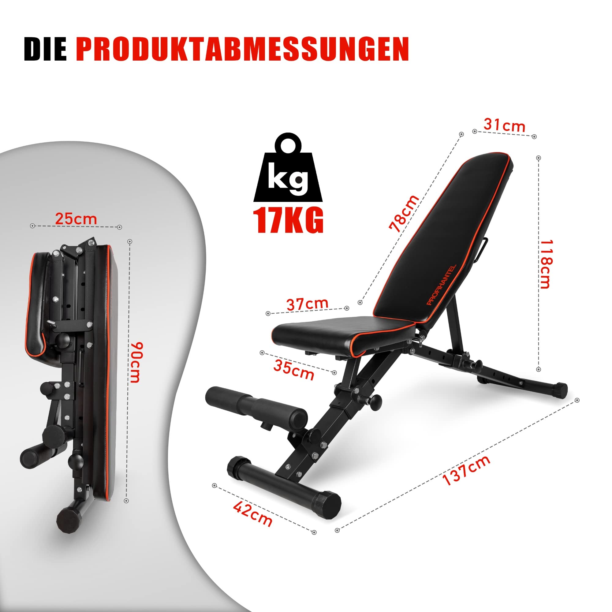 Profihantel | Klappbare Deluxe Hantelbank | Platzsparend & schnell klappbar | 21-fach verstellbare Schrägbank | Extreme Belastbarkeit 550 kg | Mit Beinhalterung | Faltbare und stabile Trainingsbank